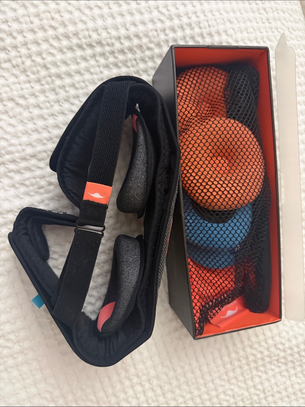 Adjustable Black Eye Mask with Interchangeable Orange & Blue Cushions